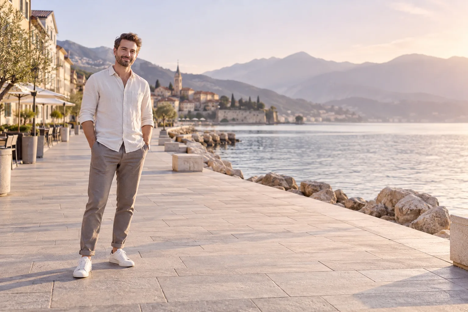 Odrasel moški ob robu širokega kadra s prostim prostorom na promenadi.